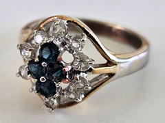 Vintage Sapphire & Clear Glass Cocktail Gold Tone Ring Size 7 Signed G