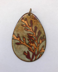 Copper & Rust Fern Leaf Stems on Tan/Green Enamel over Copper Oval MCM Pendant