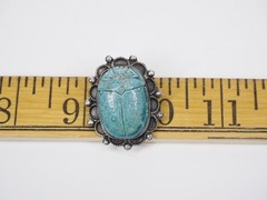 Antique brooch pin Egyptian scarab silver & ceramic jewelry signed in two places