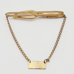 Retro Brass Open Metal Slide Bar with Draping Chain Plaque Vtg Tie Clip Clasp
