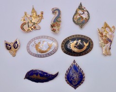 Vintage Thailand SIAM Bronze Gold-tone Niello Brooch Pins Lot of 9 L84