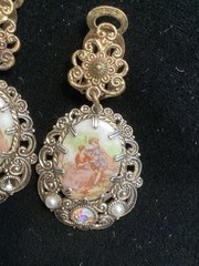 Vintage Porcelain Filigree Courting Couple Art Brooch and Earrings Set