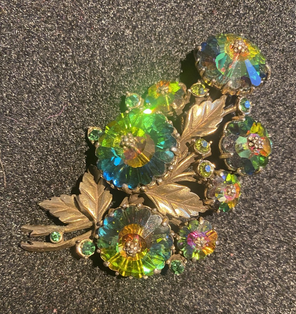 Vintage Brooch Featuring a Bouquet of Iridescent Rhinestone Flowers