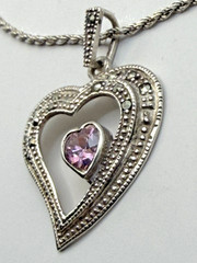 Sterling Silver Marcasite Double Heart Pink CZ Pendant and 16″ Rope Necklace