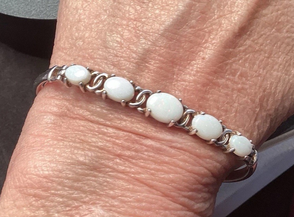 White Fire opal 5 stone hinged sterling silver vintage bangle Bracelet
