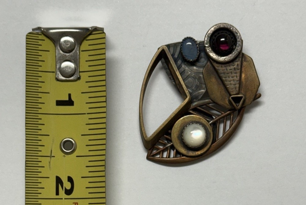 Signed Art Craft Modern Mixed Metal Brooch With Gemstone 1 3/4″