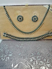 VTG B. David Faux-Emerald Rhinestone F Seed Pearl Necklace Earrings Bracelet SET