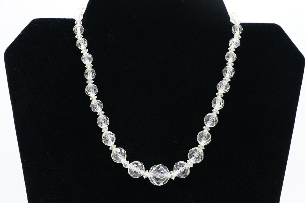 J4I Vintage Art Deco Sterling Silver Faceted Graduated Crystal Glass Necklace