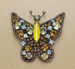 Beautiful Vintage Juliana Style Japanned Opalite Amber Topaz RS Butterfly Brooch