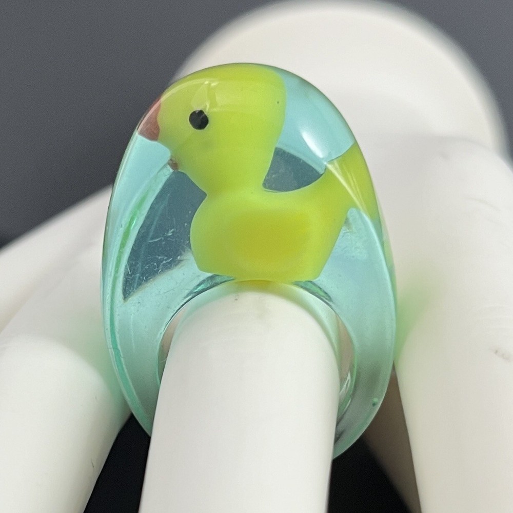 Lucite Dome Ring Rubber Ducky Yellow Blue Size 8 Retro Chunky Cased Resin