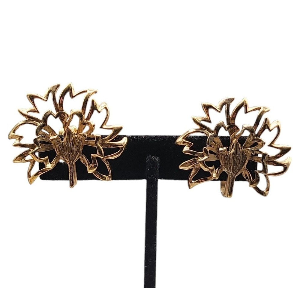 Napier Sterling Clip On Earrings 1940s Gold Wash 925 Silver Large Leaves 925