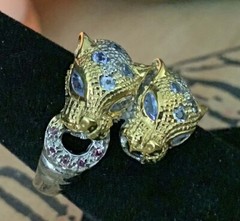 Thai White & Yellow Gold Vermeil Tanzanite & Rhodolite Garnet Snow Leopards Ring
