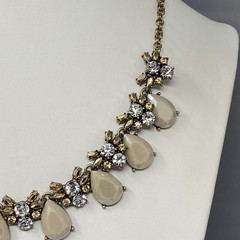 Statement Rhinestone Necklace Gold Tone Bib Tan Acrylic Clear Metallic Glass 18″