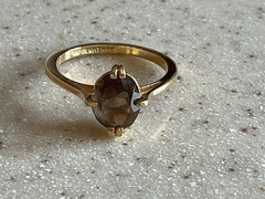 Vintage 18K HGE Gold Ring Smokey Topaz Oval Avon Size 7 Prong Set Solitaire Ring