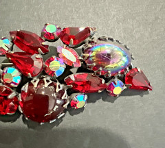 VTG. REGENCY RED & AURORA BOREALIS CABOCHON and RHINESTONE BROOCH & EARRING SET