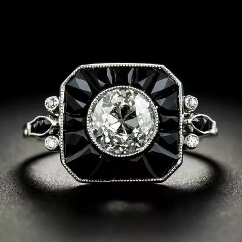 Art Deco Style Lab Created Diamond Fancy Party Wear Ring I14k White Gold Finish