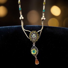 Ornate Victorian Inspired Necklace Floral Filigree Crystal Stones Vintage Fairy