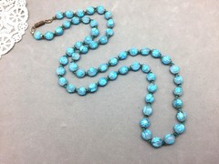 Vintage Venetian Glass Bead Necklace Blue Flower 8-9mm Knotted 30″
