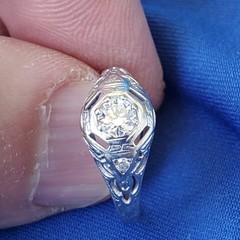 Original EARTH MINED DIAMOND Deco Engagement Ring 18K WHITE GOLD Solitaire S 6