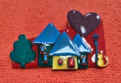 Vintage House Pins by Lucinda Kitty Cat in Yard & Big Purple Heart Pin / Brooch