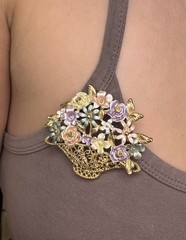 Vintage Gold Tone Filigree Flower Basket Brooch Pastel Enamel Spring Floral Pin