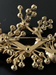 Gorgeous Vintage Red AB Rhinestone Brooch In Gold Tone With Molded Beads 3.5”