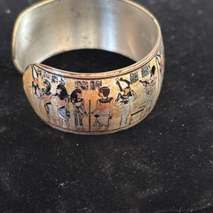 Vintage Egyptian Revival Hieroglyphic Cuff Bracelet Silver Tone Ancient Egypt