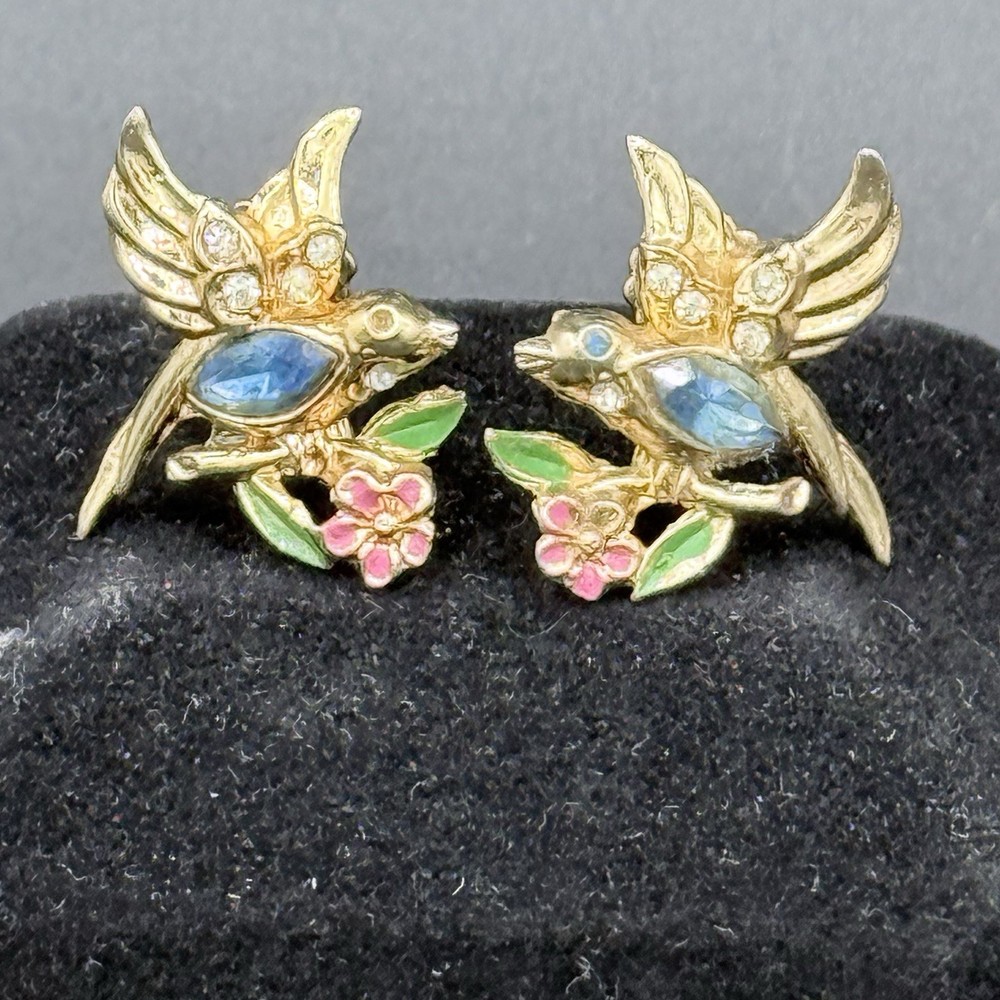 VTG 1940s-1950s Coro Lovebird Clip Earrings – Rhinestone & Enamel Garden Motif
