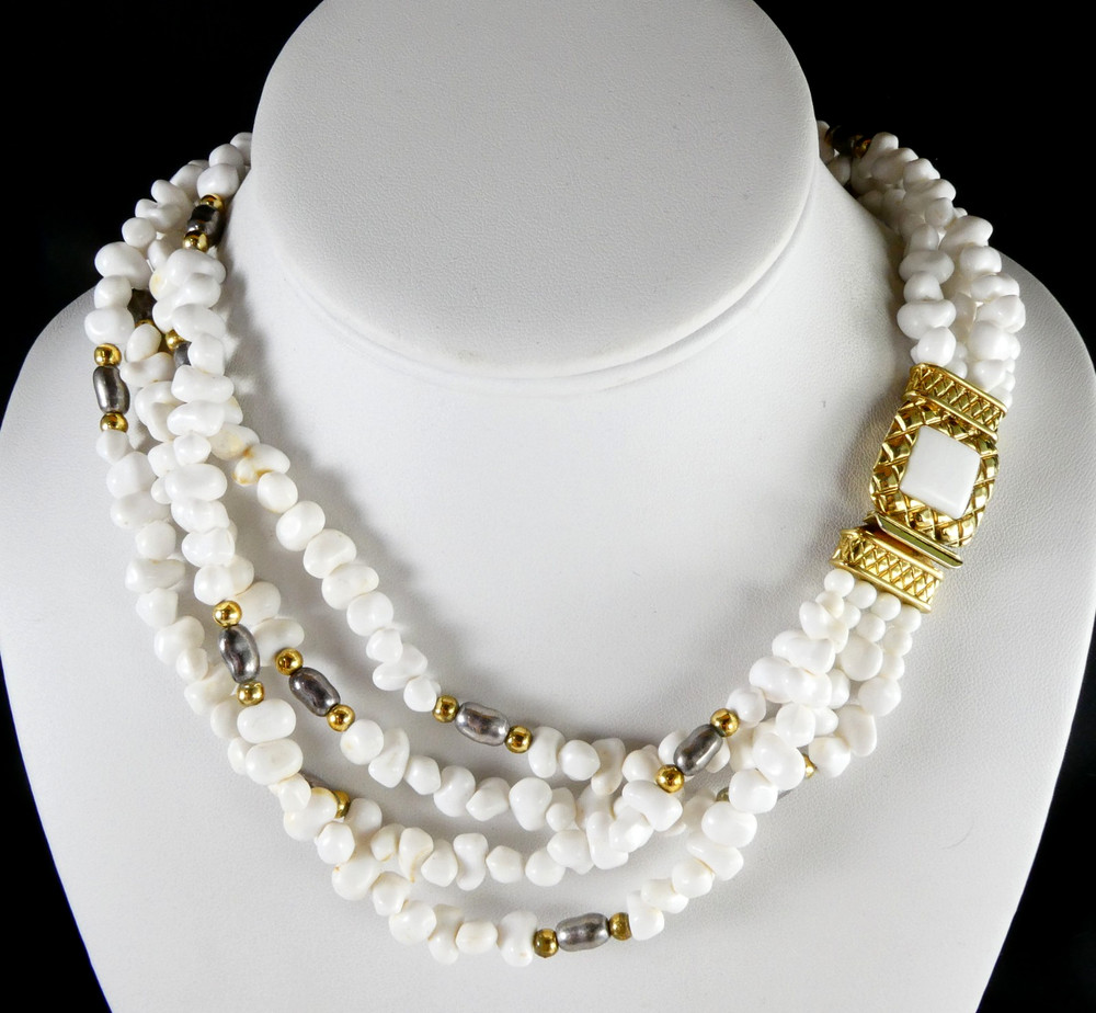 Vintage White Multi Strand Necklace Silver & Gold Spacers Ornate Clasp