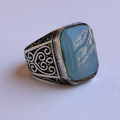 Ancient Vintage Victorian Sterling Silver Ring Engraved Aquamarine Stone Size9.5