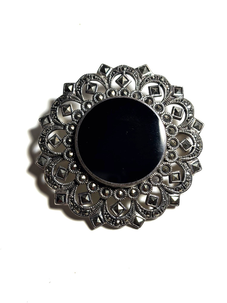 Vintage 2″ Marcasite Black Onyx Silver Brooch 925
