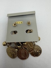 Vintage Gold Tone Coin Jewelry Set Brooch & Drop Earrings 90s Y2K NOS