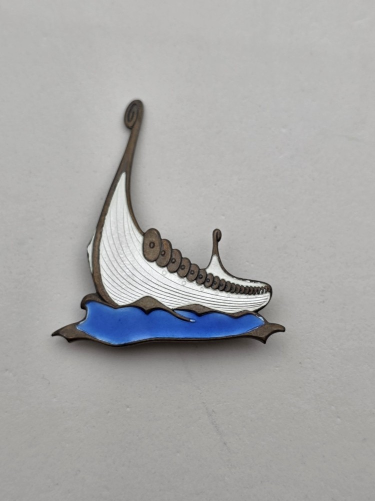 Albert Scharning Norway Sterling Guilloche Enamel Viking Ship Brooch