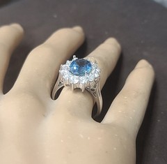 Vintage 18K White Gold Engagement Ring 2.84ct. Natural Teal Blue Sapphire Oval