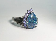 Vintage Estate BLACK-BLUE AUSTRALIAN FIRE OPAL & Tanzanites Sterling Silver Ring