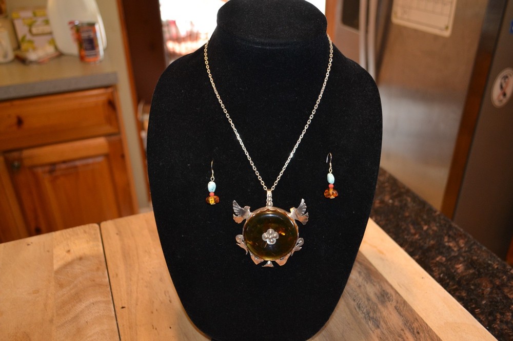ONE OF A KIND, CUSTOM MADE .925 STERLING SILVER AND AMBER NECKLACE AND EARINGS.