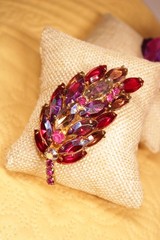 Vtg. Juliana Style Brooch Red AB Marquise Rhinestone Leaf Gold Tone 2.25″