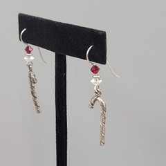 Vintage Christmas Candy Cane Pierced Earrings Silver tone Dangle Crystal 1.25″