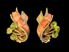 VINTAGE SWOBODA BIRD BROOCH And EARRINGS PERIDOT And CORAL