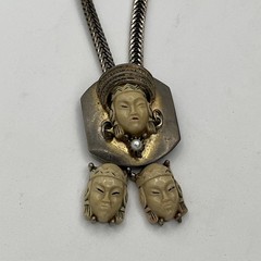 Vintage Sculpted Face Pendant Necklace & Green Stone Bracelet Set