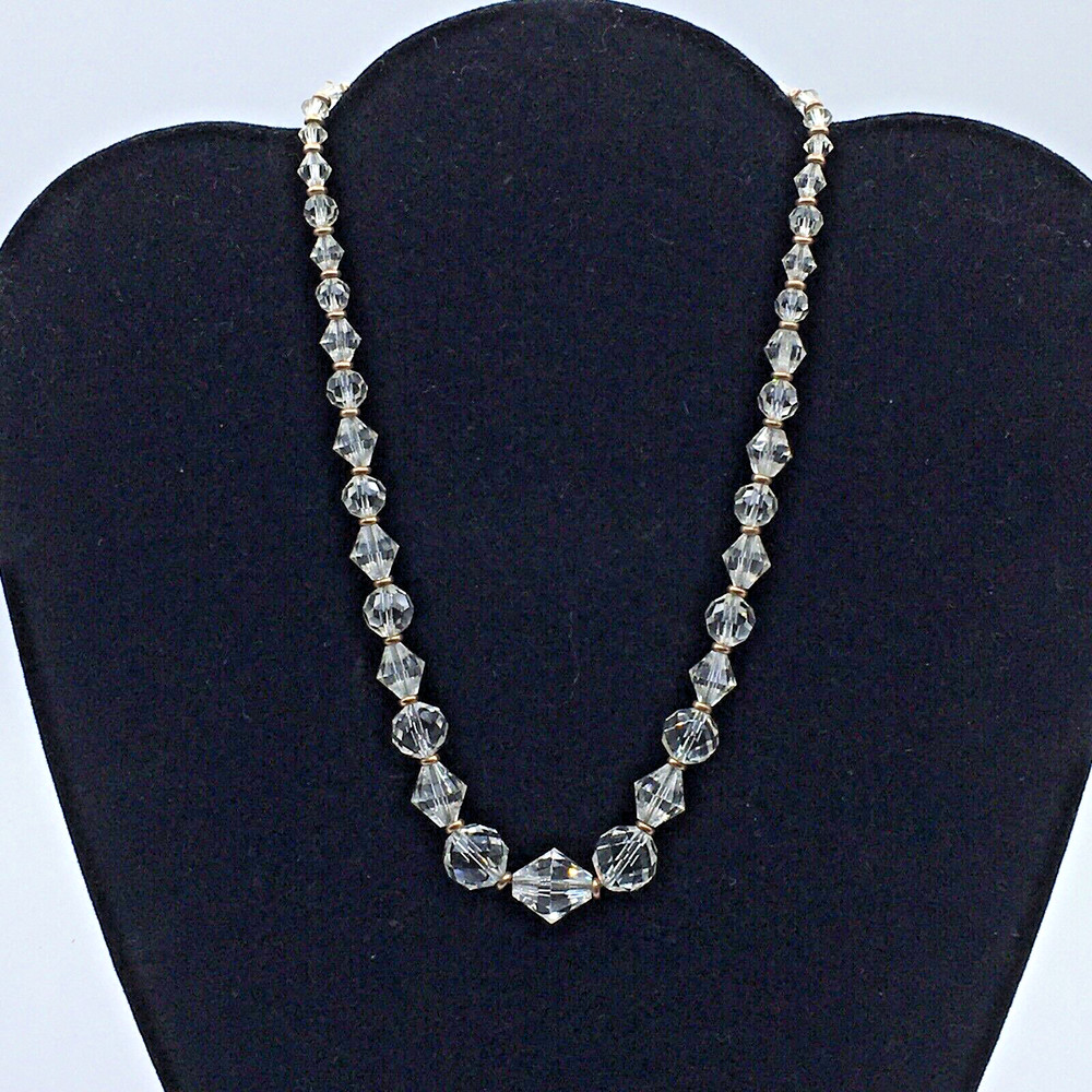 Vintage Graduated Clear Faceted Crystal Glass Beaded Bead 16″ Necklace