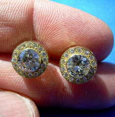 Original EARTH MINED DIAMOND Deco Bezel set Halo Studs Earrings SOLID 18K GOLD