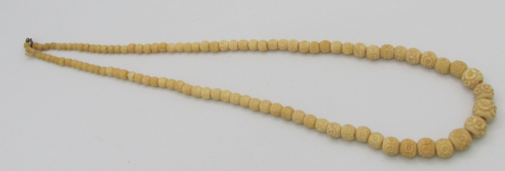 Vintage Hand Carved Celluloid Cream Tone Bead Necklace 26 in Long