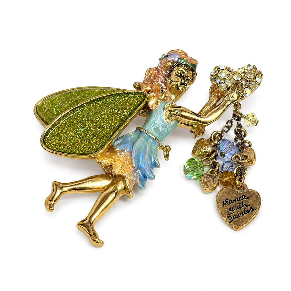 Kirks Folly Fairy Brooch Pin “Dance with Fairies” Green Glitter Wings Crystal