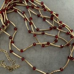Vintage Red Bead Multi Strand Necklace Gold Tone Bar Link Layered