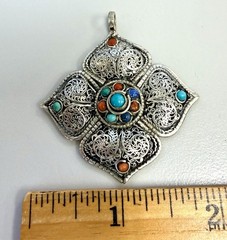 Vintage Nepal Filigree Pendant Turquoise Coral Lapis Silver Tone Boho Ethnic