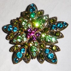 Exquisite Vintage Blue, Green & Fuschia Crystal Gold-Tone Sunburst Brooch/Pin
