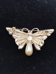 Vintage Butterfly Brooch Faux Pearl and Rhinestone Open Work Design.Silver Tone
