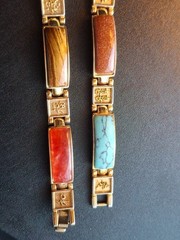 Vtg Multi Stone Inlay Panel Watch (works) Bracelet Set Chinese Symbol Good Luck