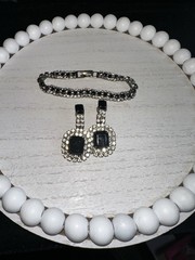 Vintage Clear Black Rhinestone Bracelet Clip-On Earrings Set Emerald Cut Costume